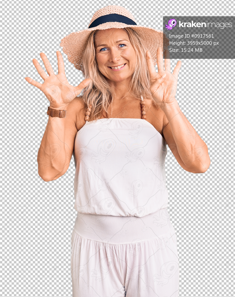 Middle age fit blonde woman wearing summer hat showing and pointing up with fingers number nine while smiling confident and happy.