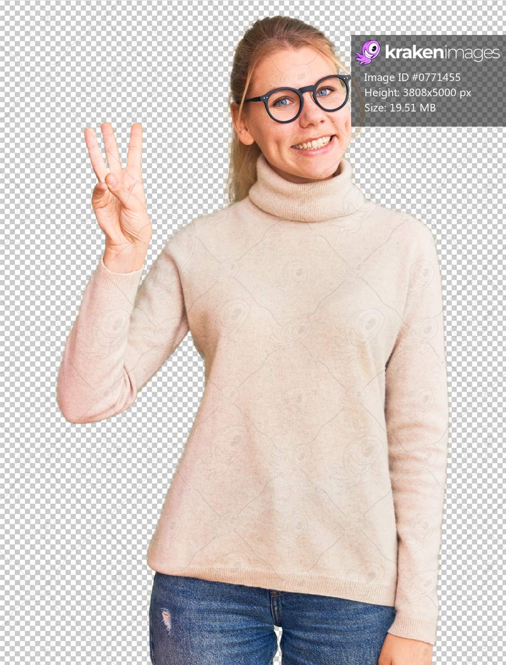 Young beautiful blonde woman wearing turtleneck sweater and glasses showing and pointing up with fingers number three while smiling confident and happy.