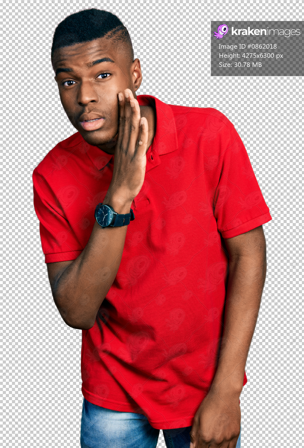 Young african american man wearing casual red t shirt hand on mouth telling secret rumor, whispering malicious talk conversation