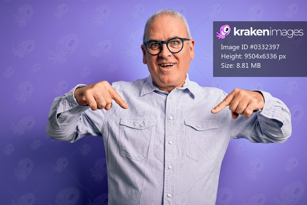 Middle age handsome hoary man wearing striped shirt and glasses over purple background looking confident with smile on face, pointing oneself with fingers proud and happy.
