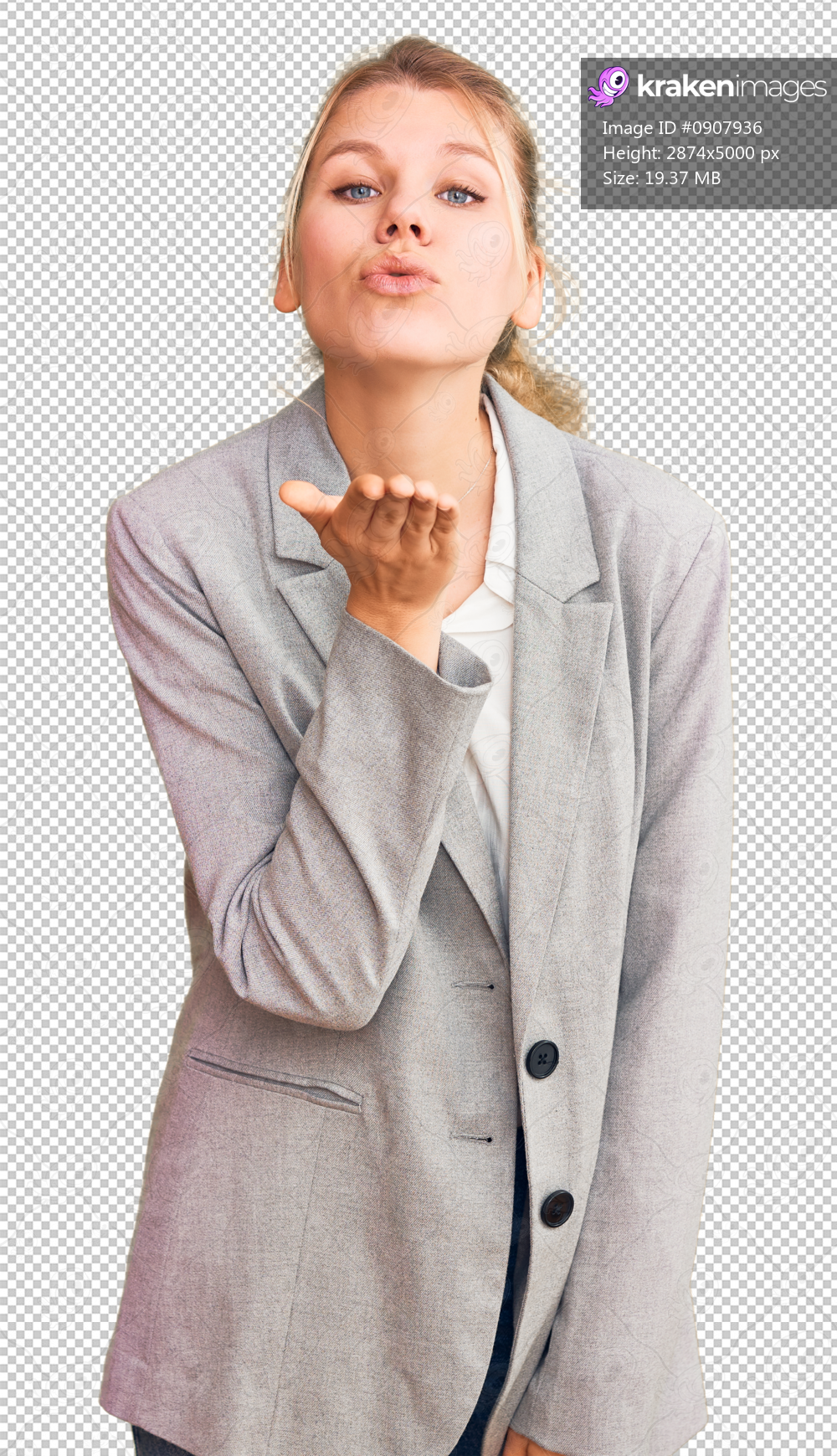 Young beautiful blonde woman wearing elegant jacket looking at the camera blowing a kiss with hand on air being lovely and sexy. love expression.