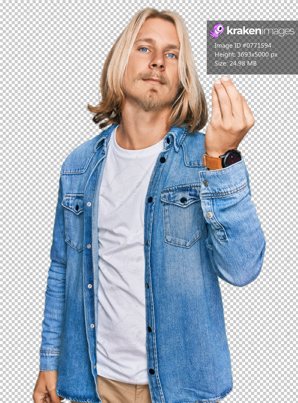 Caucasian man with blond long hair wearing casual denim jacket doing italian gesture with hand and fingers confident expression