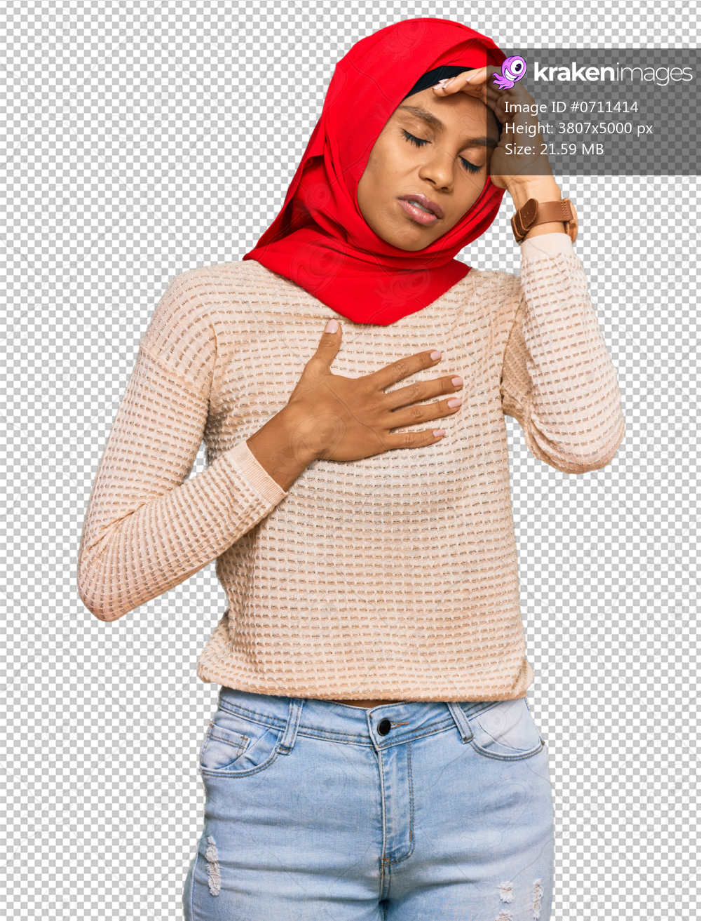 Young african american woman wearing traditional islamic hijab scarf touching forehead for illness and fever, flu and cold, virus sick