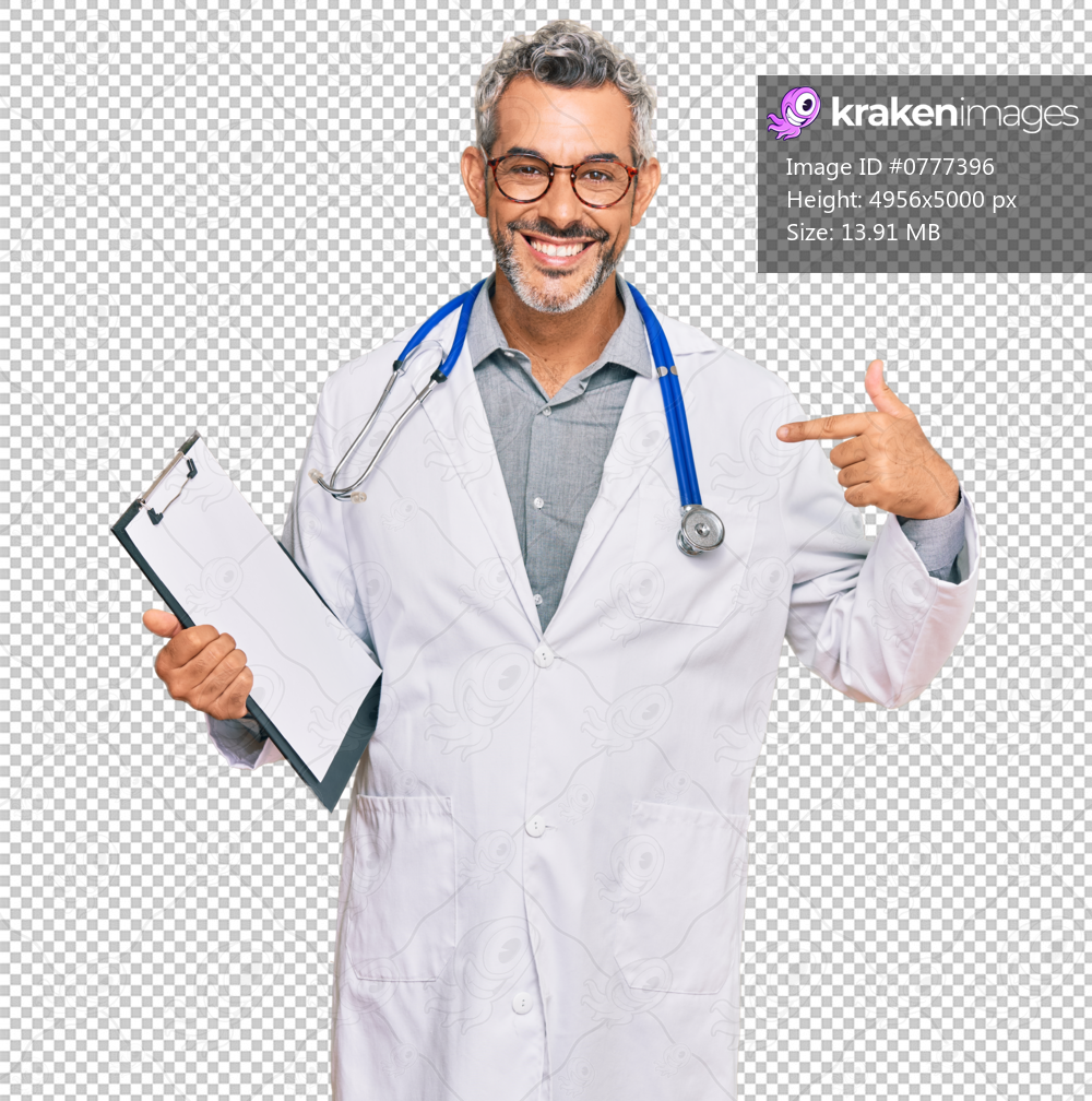 Middle age grey-haired man wearing doctor stethoscope holding clipboard pointing finger to one self smiling happy and proud