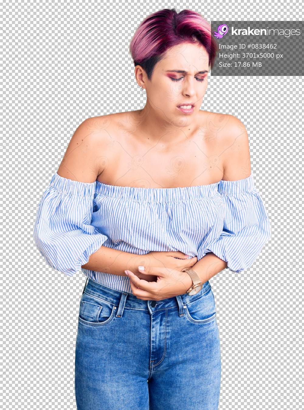 Young beautiful woman with pink hair wearing casual clothes with hand on stomach because indigestion, painful illness feeling unwell. ache concept.