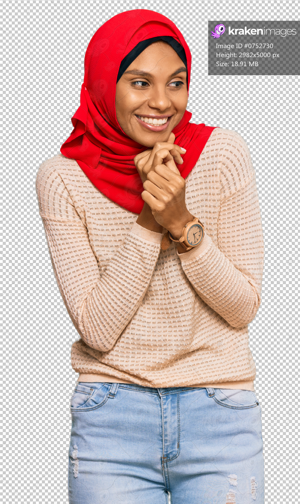 Young african american woman wearing traditional islamic hijab scarf laughing nervous and excited with hands on chin looking to the side