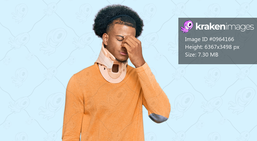 African american man with afro hair wearing cervical neck collar tired rubbing nose and eyes feeling fatigue and headache. stress and frustration concept. 