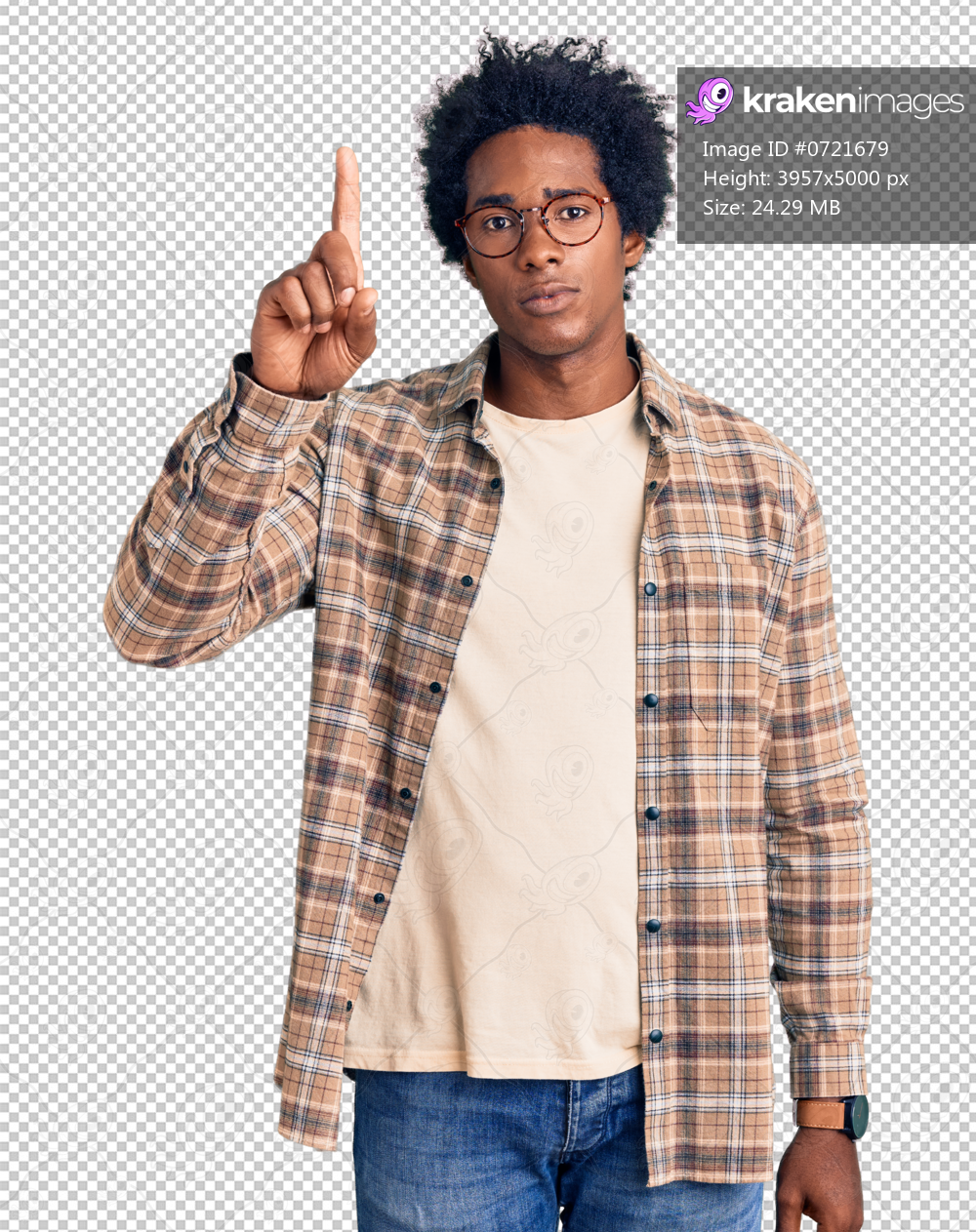 Handsome african american man with afro hair wearing casual clothes and glasses pointing with finger up and angry expression, showing no gesture
