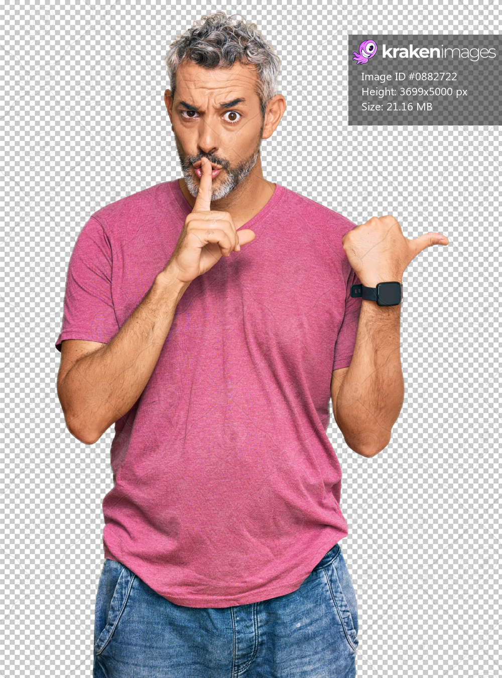 Middle age grey-haired man wearing casual clothes asking to be quiet with finger on lips pointing with hand to the side. silence and secret concept.