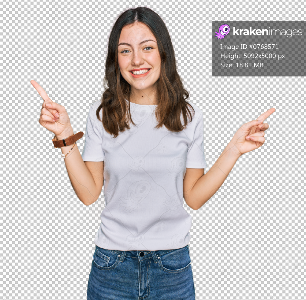 Young beautiful woman wearing casual white t shirt smiling confident pointing with fingers to different directions. copy space for advertisement