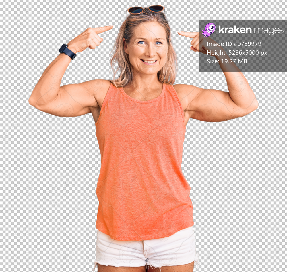 Middle age fit blonde woman wearing casual summer clothes and sunglasses smiling pointing to head with both hands finger, great idea or thought, good memory