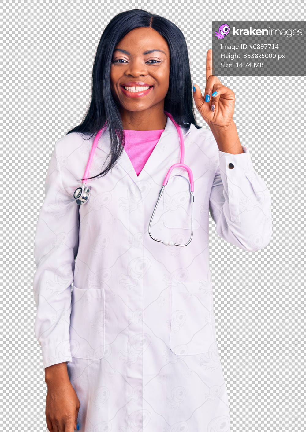 Young african american woman wearing doctor stethoscope showing and pointing up with finger number one while smiling confident and happy.