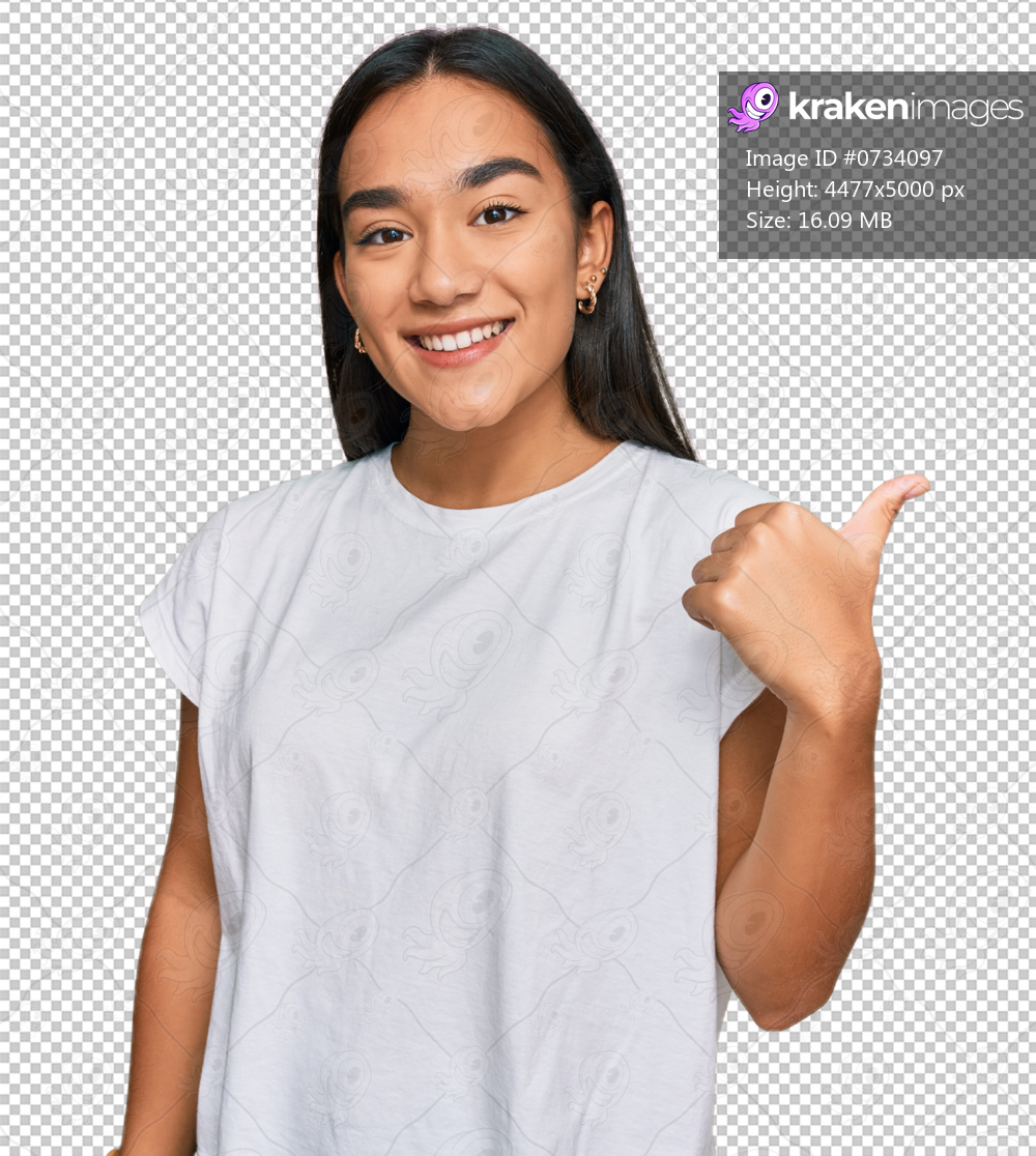 Young asian woman wearing casual white t shirt smiling with happy face looking and pointing to the side with thumb up.
