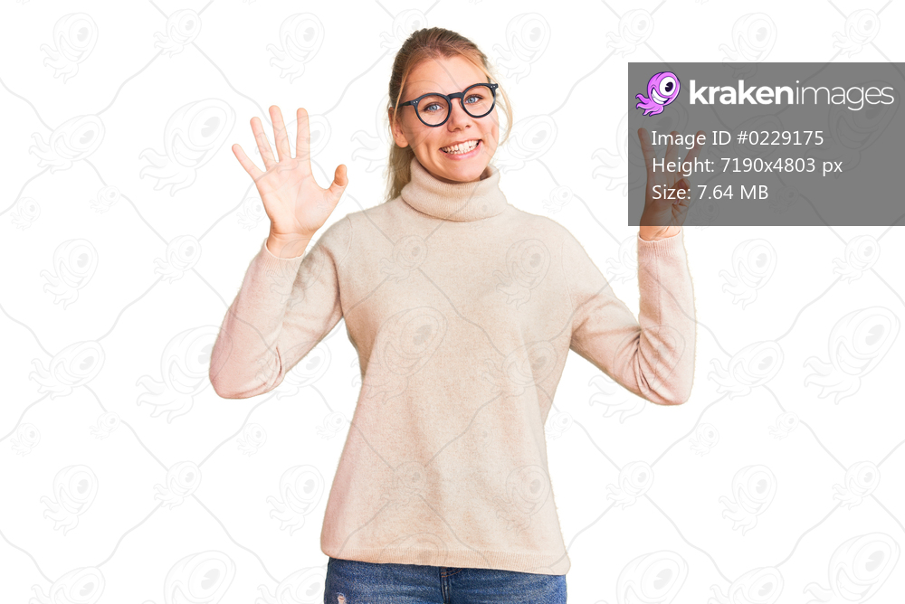Young beautiful blonde woman wearing turtleneck sweater and glasses showing and pointing up with fingers number eight while smiling confident and happy. 