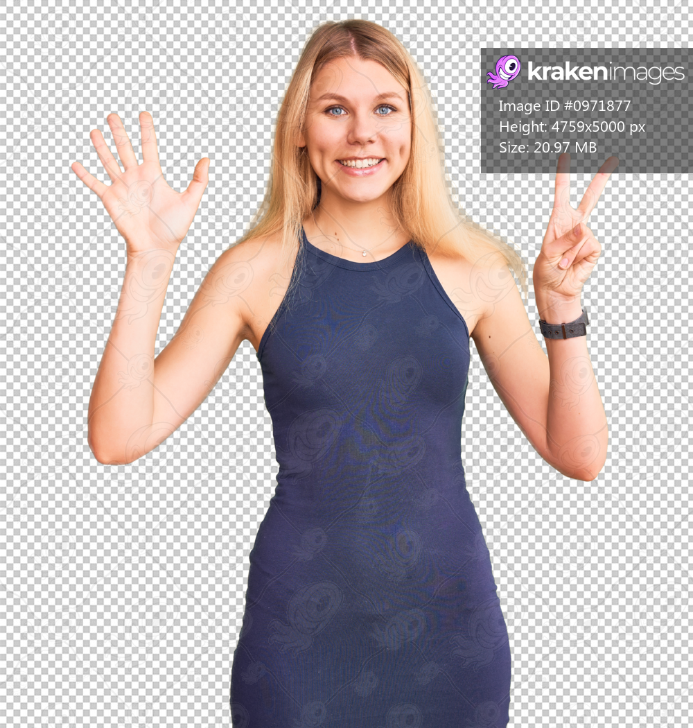 Young beautiful blonde woman wearing casual dress showing and pointing up with fingers number seven while smiling confident and happy.