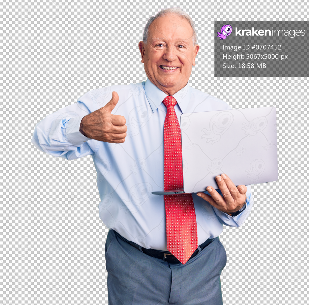 Senior handsome grey-haired man wearing tie using laptop smiling happy and positive, thumb up doing excellent and approval sign