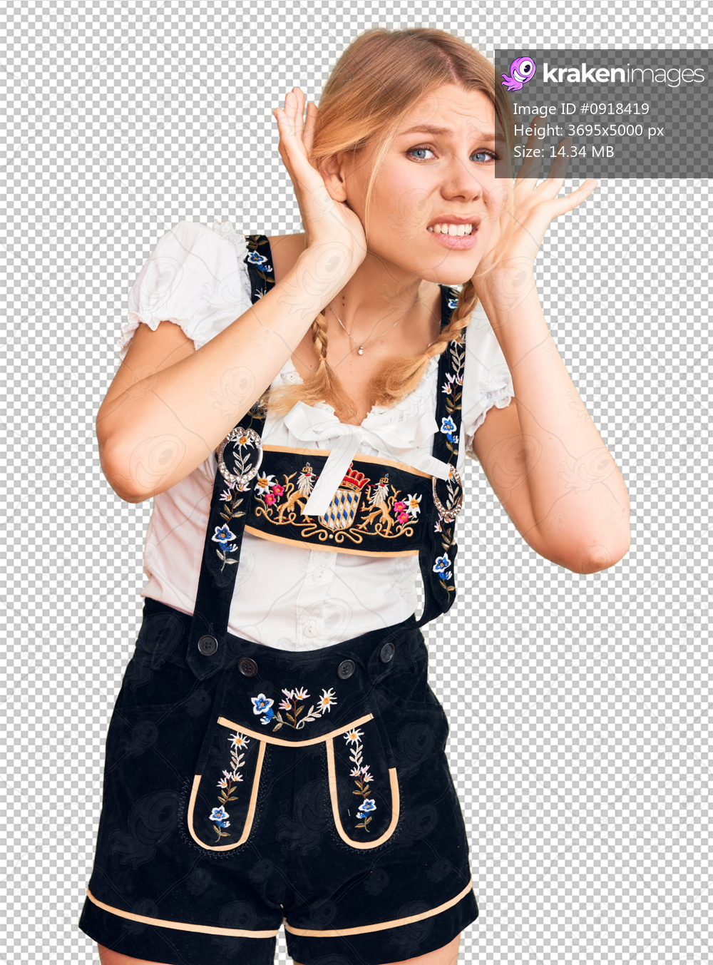 Young beautiful blonde woman wearing oktoberfest dress trying to hear both hands on ear gesture, curious for gossip. hearing problem, deaf