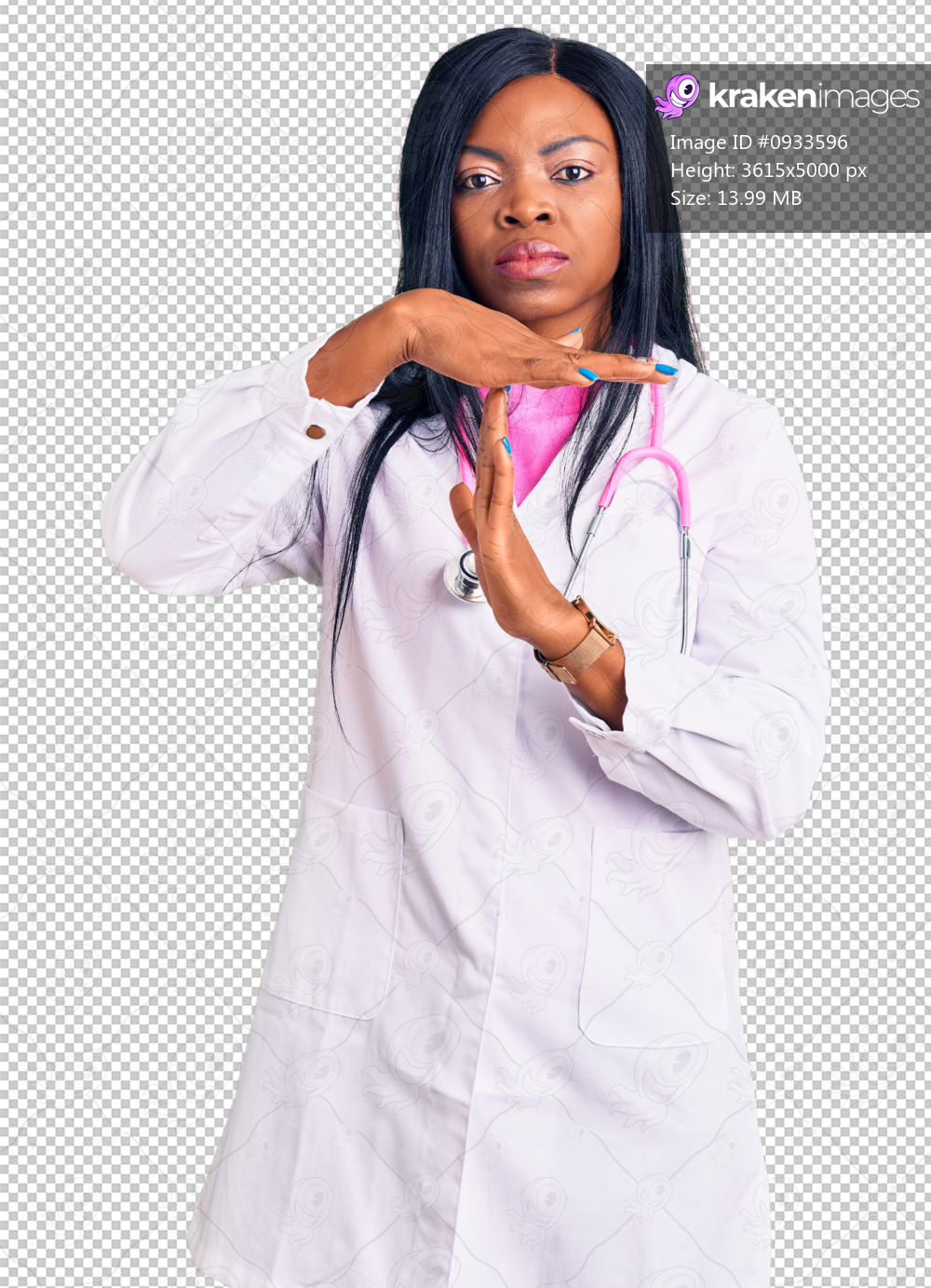 Young african american woman wearing doctor stethoscope doing time out gesture with hands, frustrated and serious face