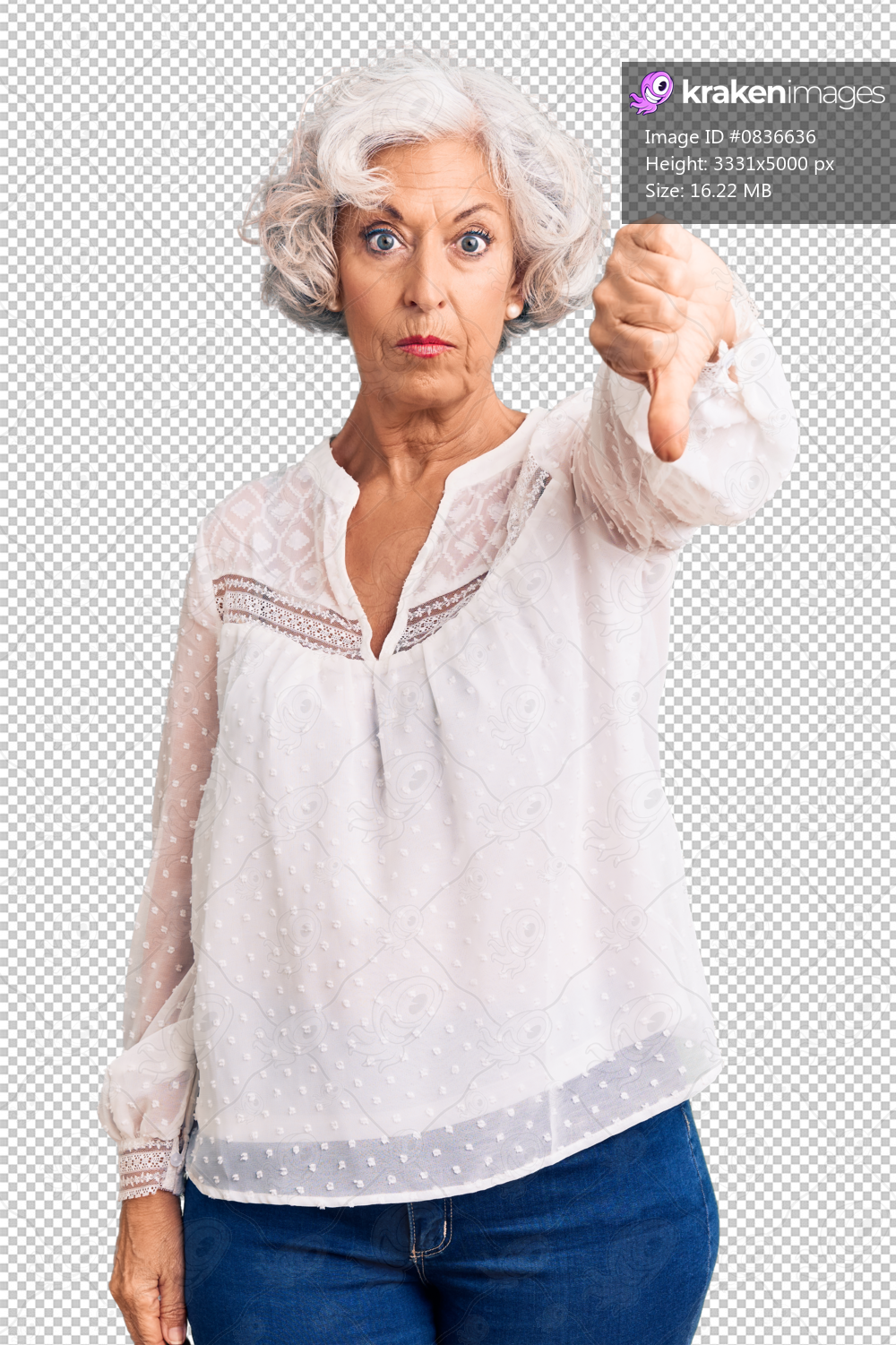 Senior grey-haired woman wearing casual clothes looking unhappy and angry showing rejection and negative with thumbs down gesture. bad expression.
