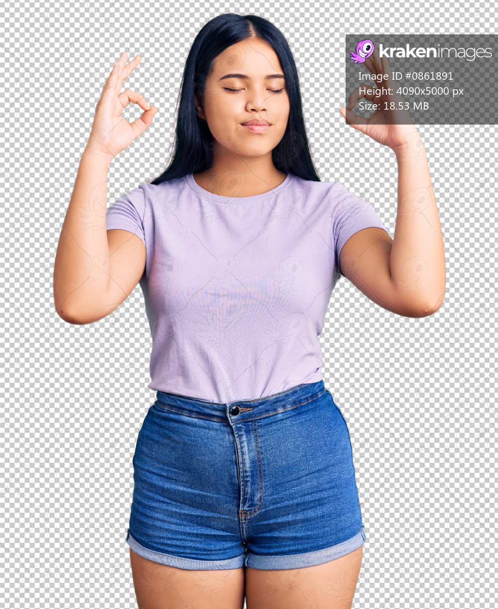 Young beautiful asian girl wearing casual clothes relax and smiling with eyes closed doing meditation gesture with fingers. yoga concept.