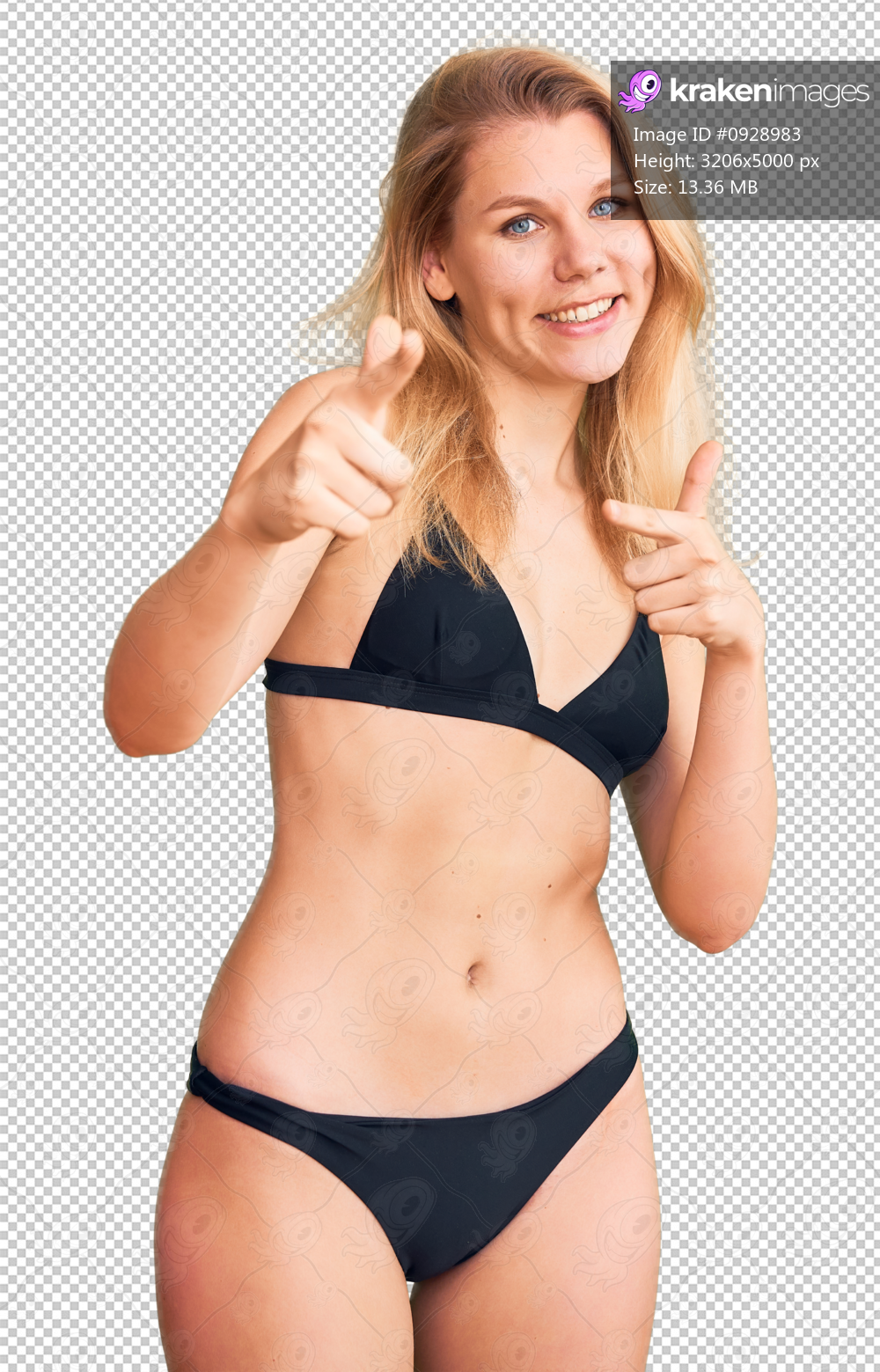 Young beautiful blonde woman wearing bikini pointing fingers to camera with happy and funny face. good energy and vibes.
