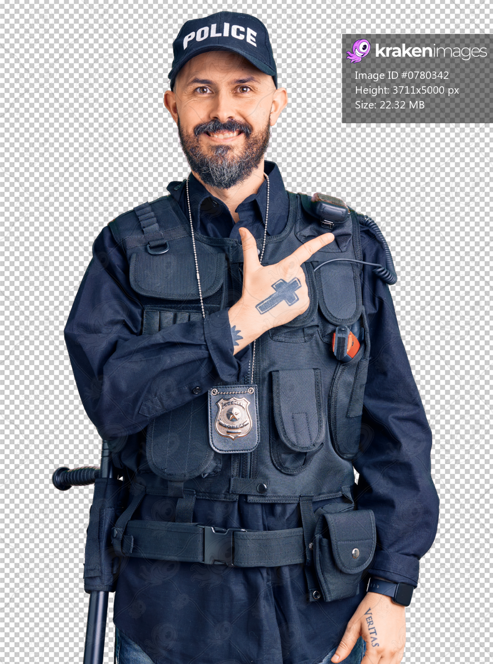 Young handsome man wearing police uniform cheerful with a smile on face pointing with hand and finger up to the side with happy and natural expression