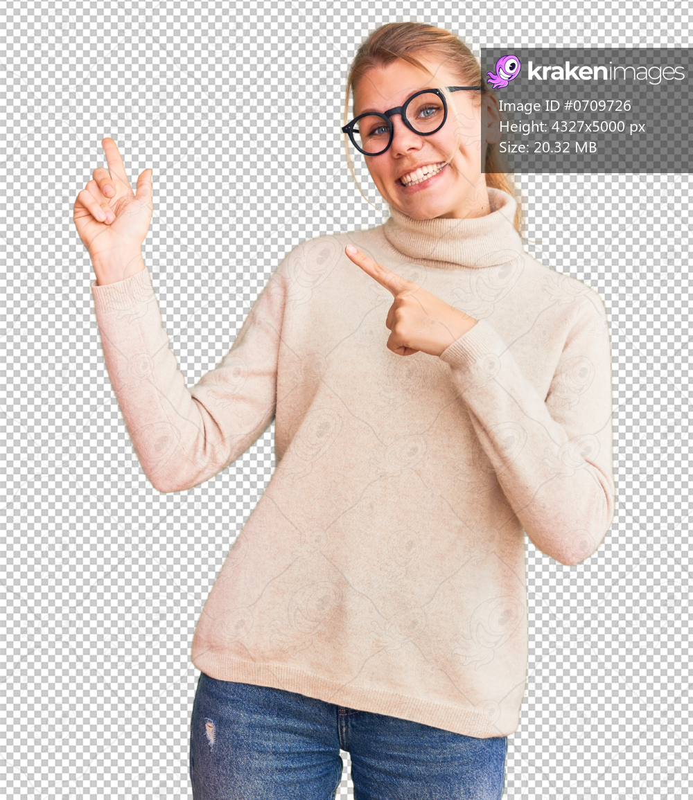 Young beautiful blonde woman wearing turtleneck sweater and glasses smiling and looking at the camera pointing with two hands and fingers to the side.