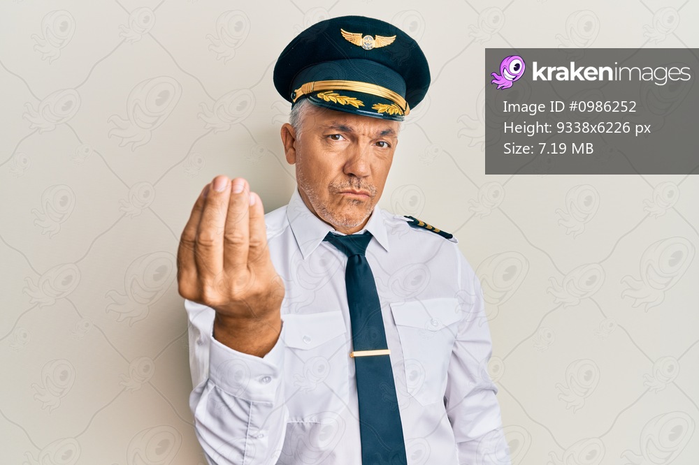 Handsome middle age mature man wearing airplane pilot uniform doing italian gesture with hand and fingers confident expression 