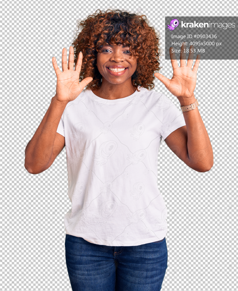 Young african american woman wearing casual white tshirt showing and pointing up with fingers number ten while smiling confident and happy.
