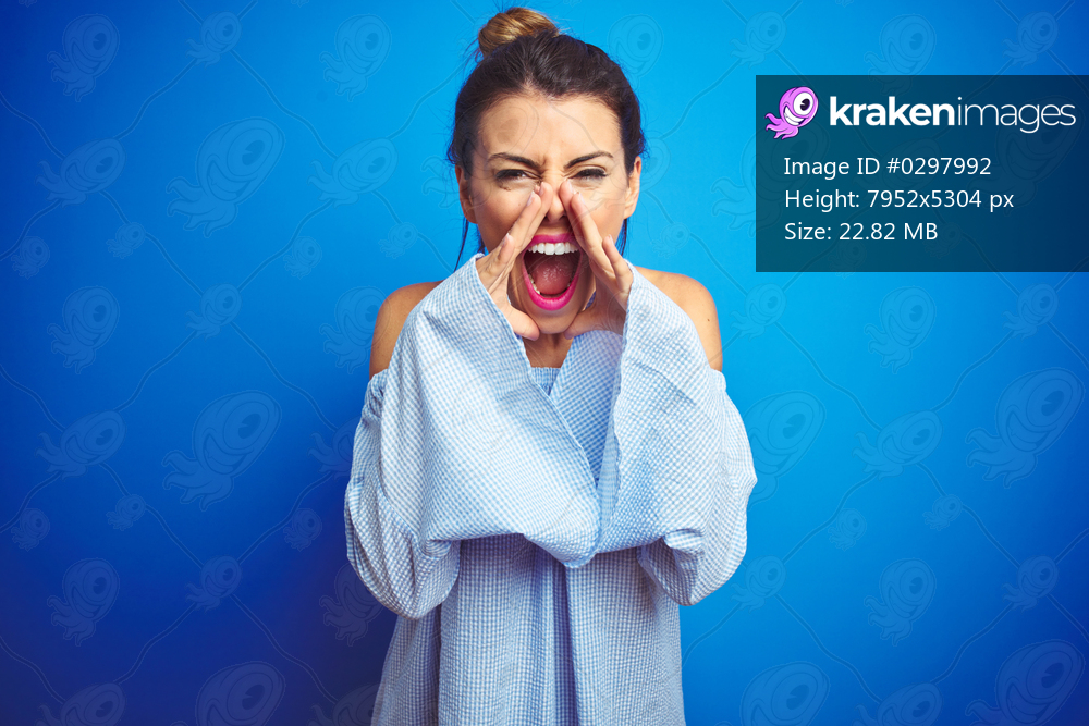 Young beautiful woman wearing bun hairstyle over blue isolated background Shouting angry out loud with hands over mouth