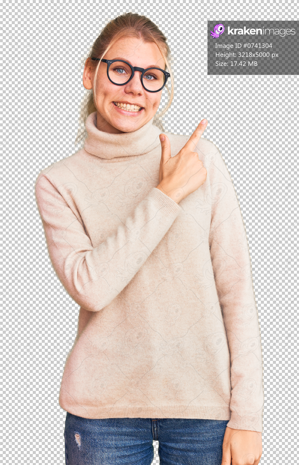 Young beautiful blonde woman wearing turtleneck sweater and glasses cheerful with a smile of face pointing with hand and finger up to the side with happy and natural expression on face