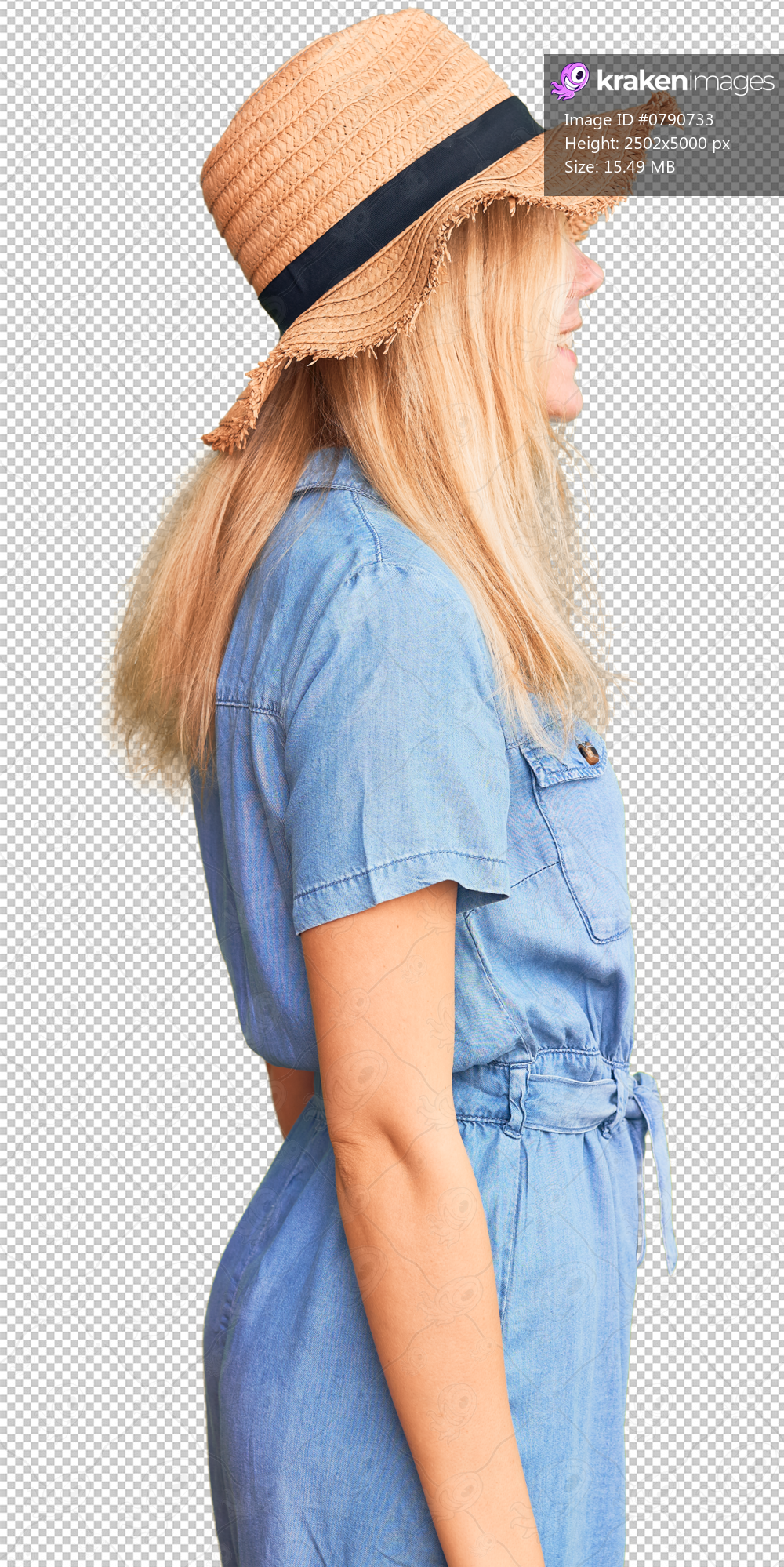 Young beautiful blonde woman wearing summer hat and dress looking to side, relax profile pose with natural face with confident smile.