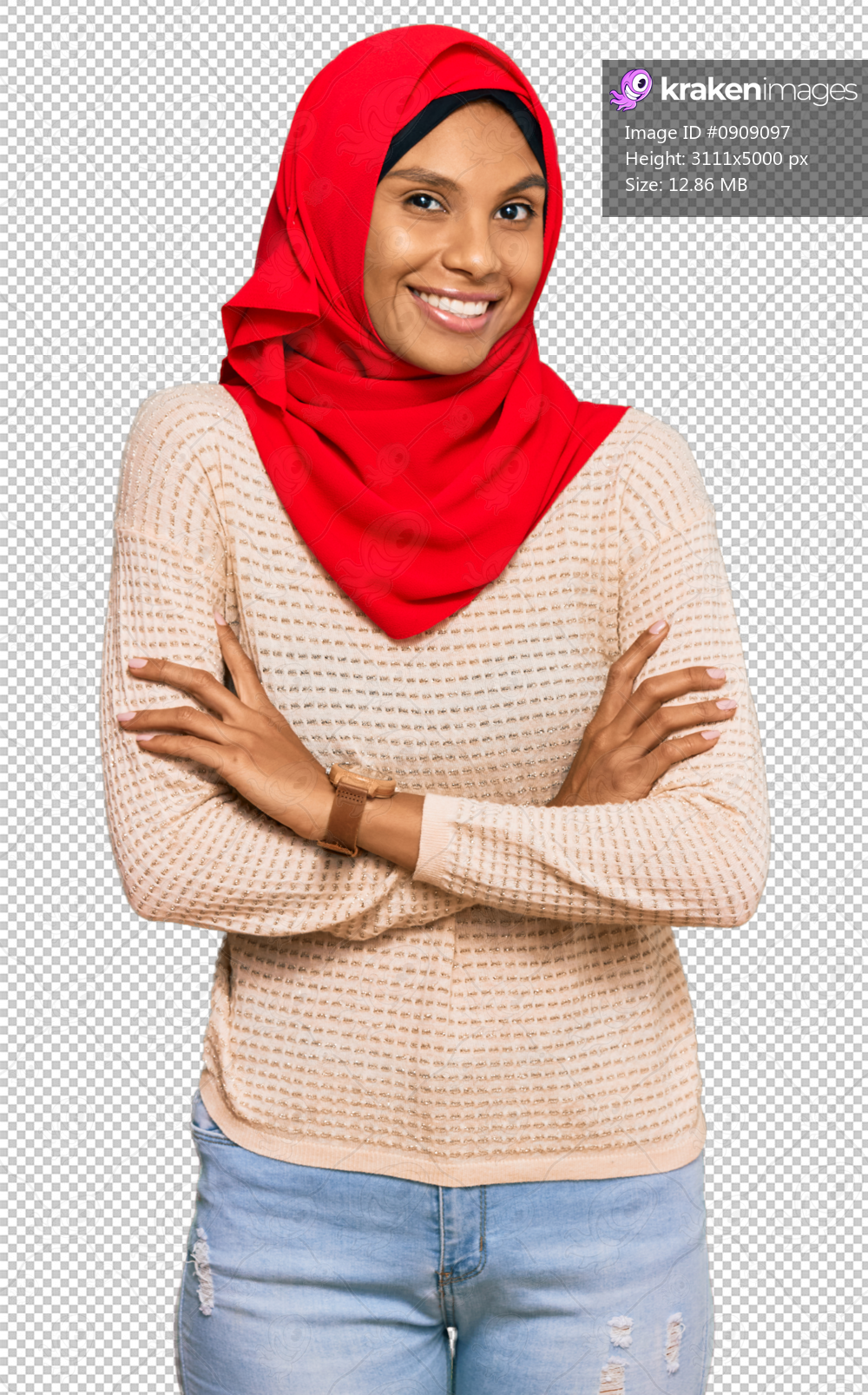 Young african american woman wearing traditional islamic hijab scarf happy face smiling with crossed arms looking at the camera. positive person.