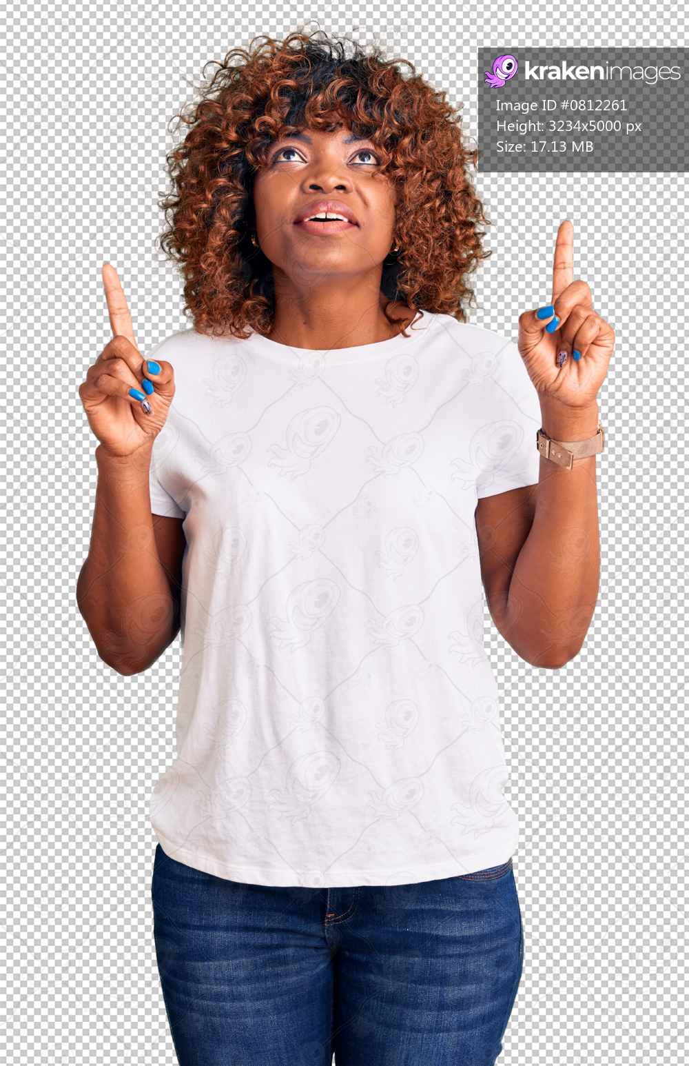 Young african american woman wearing casual white tshirt amazed and surprised looking up and pointing with fingers and raised arms.