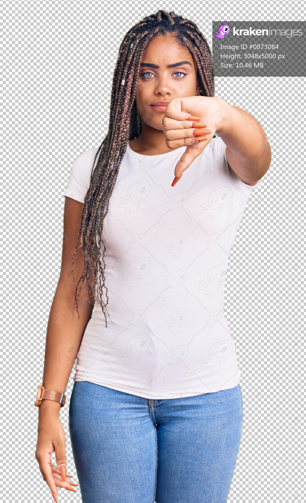 Young african american woman with braids wearing casual clothes looking unhappy and angry showing rejection and negative with thumbs down gesture. bad expression.