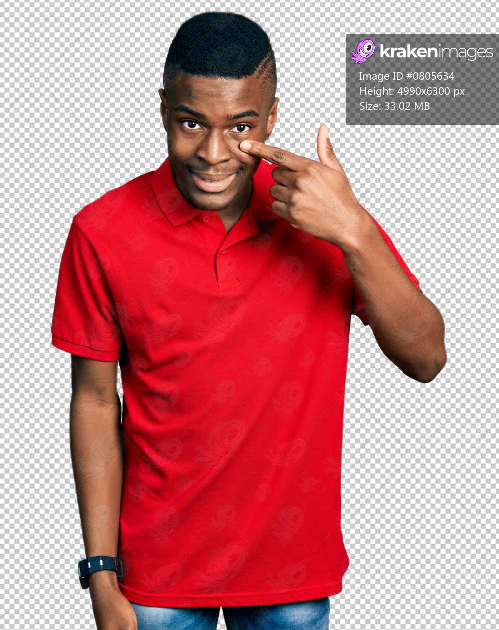 Young african american man wearing casual red t shirt pointing with hand finger to face and nose, smiling cheerful. beauty concept