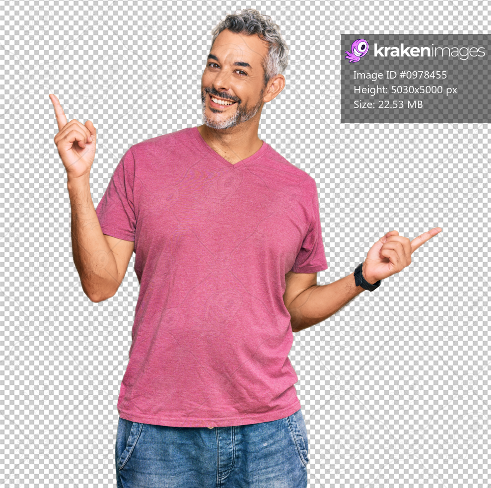 Middle age grey-haired man wearing casual clothes smiling confident pointing with fingers to different directions. copy space for advertisement