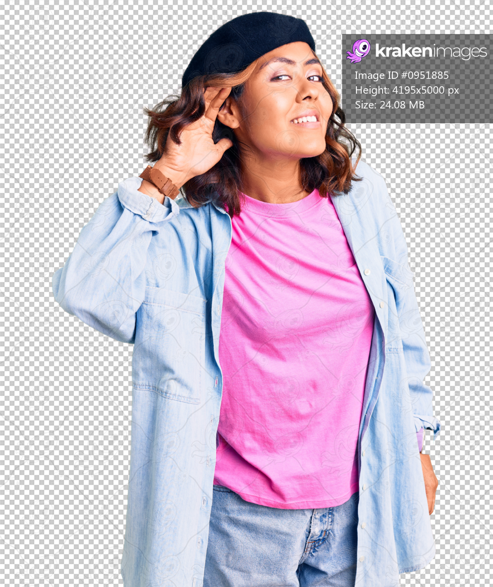 Young beautiful mixed race woman wearing french look with beret smiling with hand over ear listening an hearing to rumor or gossip. deafness concept.