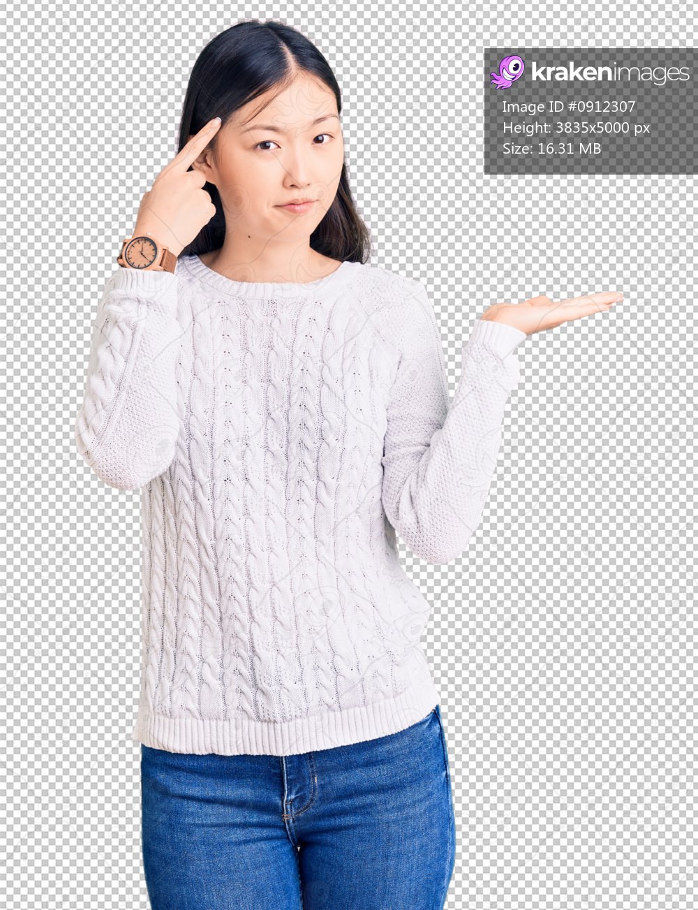 Young beautiful chinese woman wearing casual sweater confused and annoyed with open palm showing copy space and pointing finger to forehead. think about it.