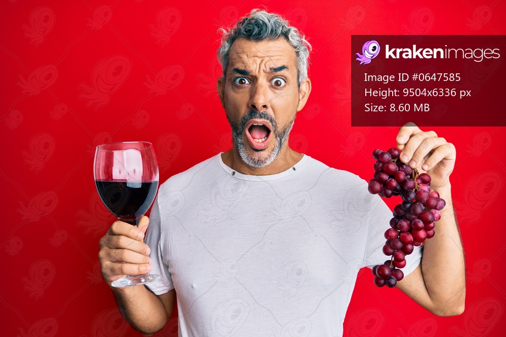 Middle age grey-haired man holding branch of fresh grapes and red wine afraid and shocked with surprise and amazed expression, fear and excited face. 