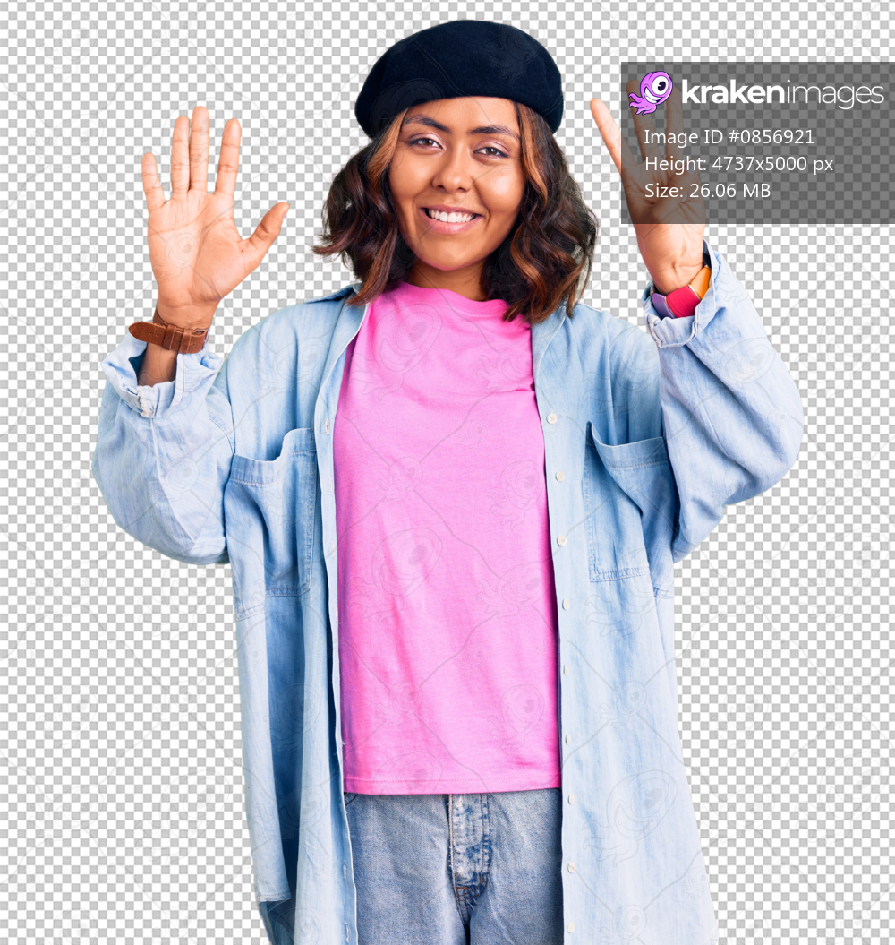 Young beautiful mixed race woman wearing french look with beret showing and pointing up with fingers number eight while smiling confident and happy.