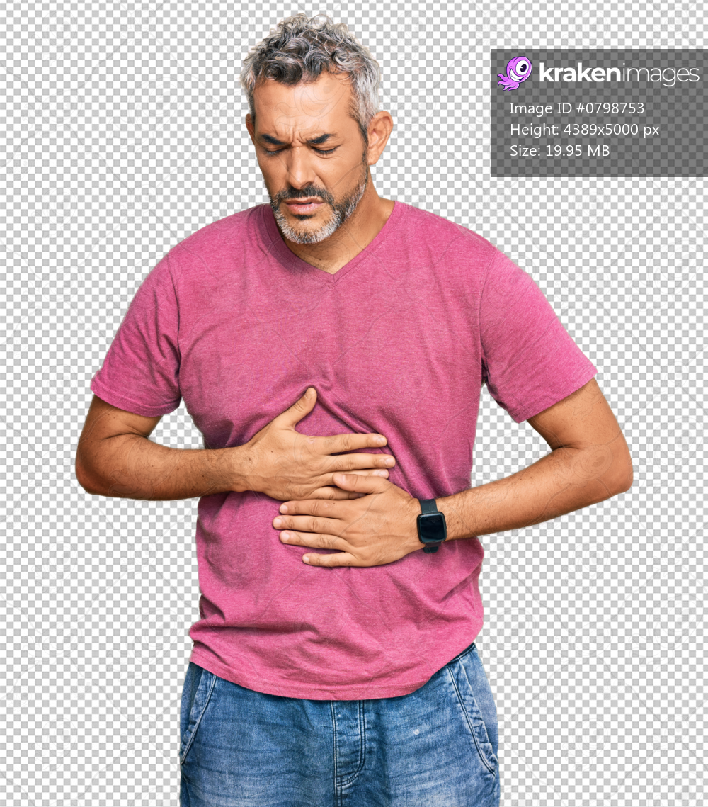 Middle age grey-haired man wearing casual clothes with hand on stomach because indigestion, painful illness feeling unwell. ache concept.