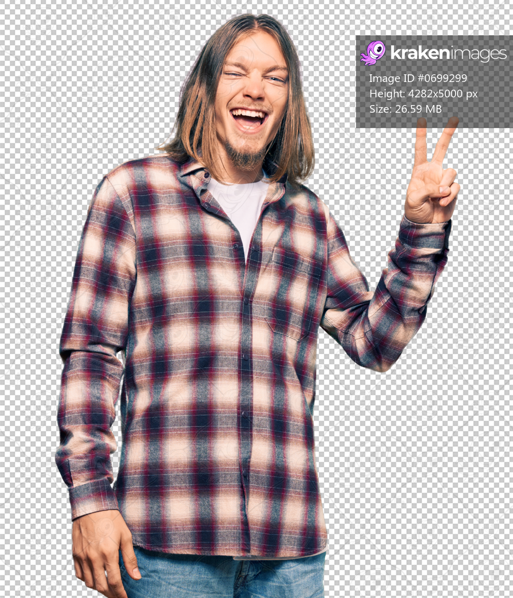 Handsome caucasian man with long hair wearing hipster shirt smiling with happy face winking at the camera doing victory sign. number two.