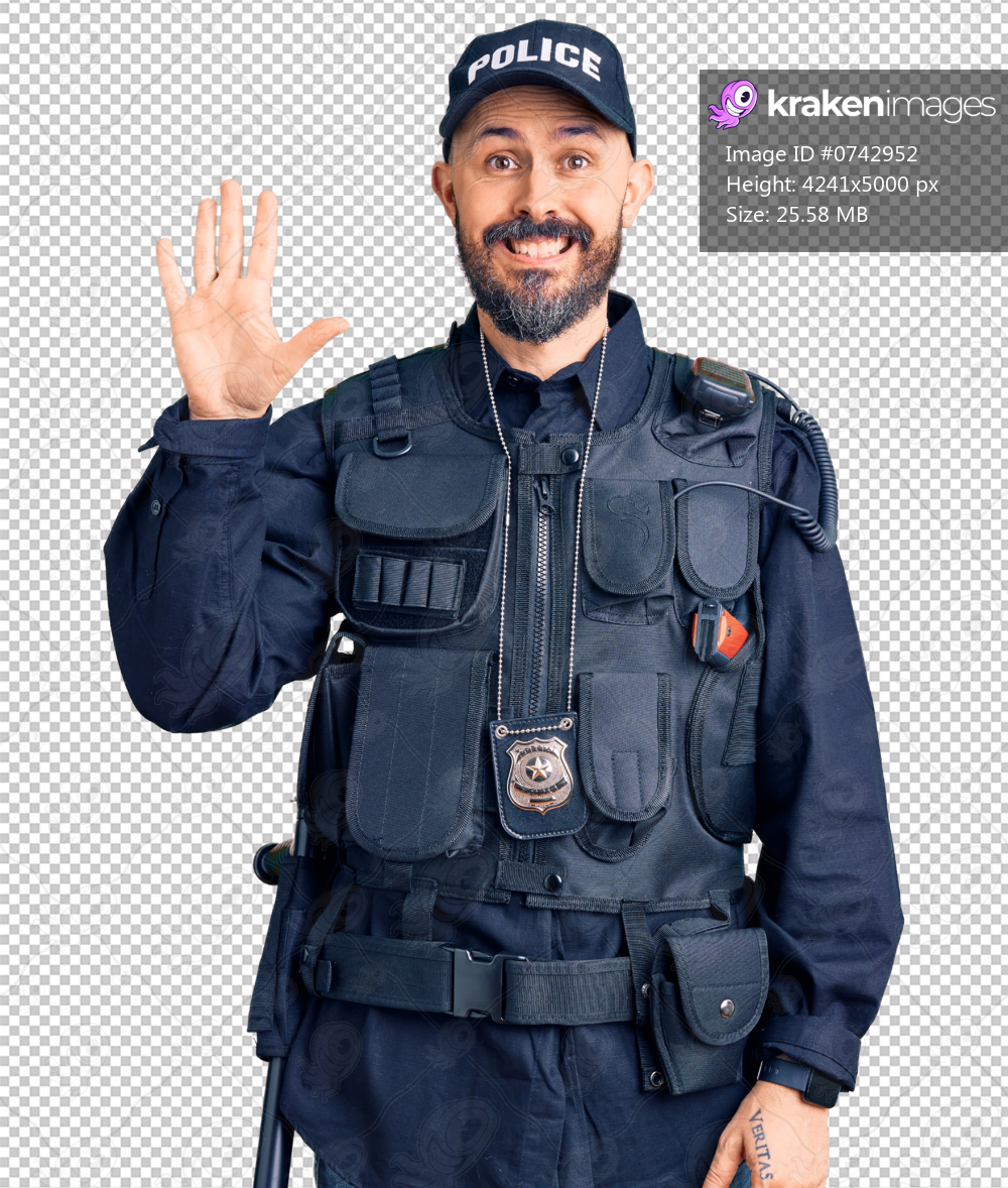 Young handsome man wearing police uniform showing and pointing up with fingers number five while smiling confident and happy.