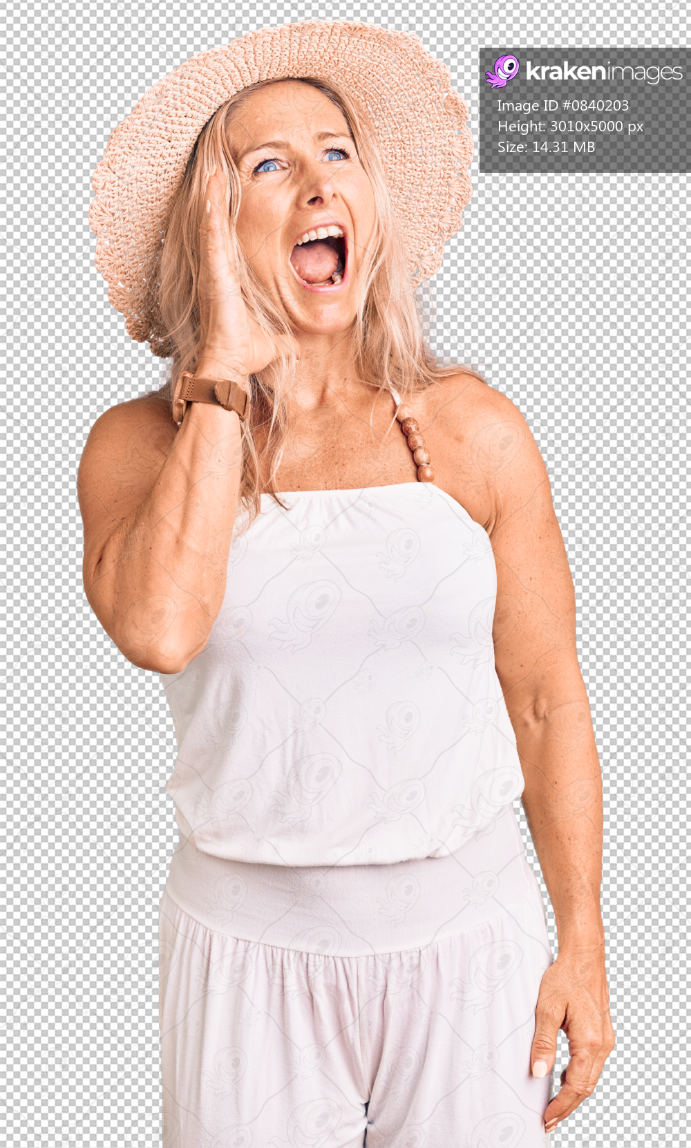 Middle age fit blonde woman wearing summer hat shouting and screaming loud to side with hand on mouth. communication concept.