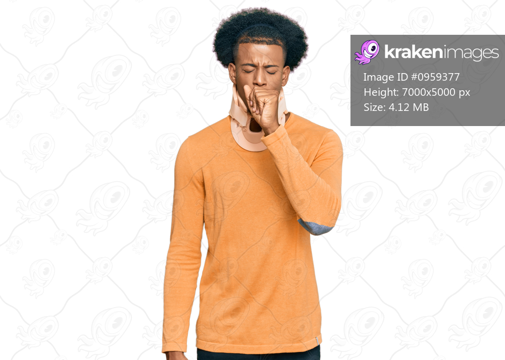 African american man with afro hair wearing cervical neck collar feeling unwell and coughing as symptom for cold or bronchitis. health care concept. 