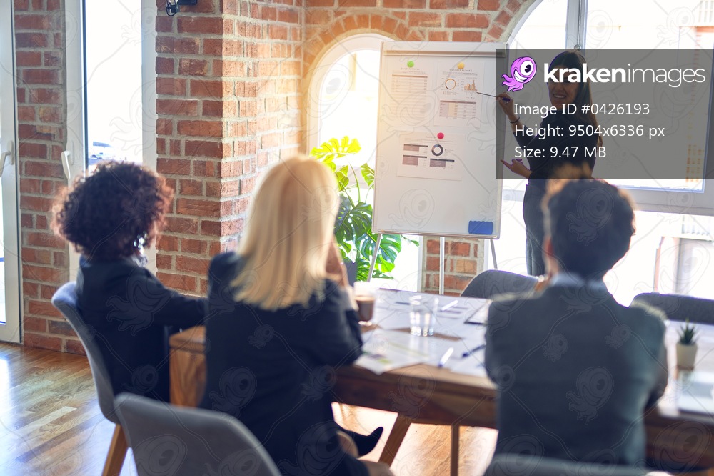 Group of business workers working together in a meeting. One of them making presentation to colleagues at the office