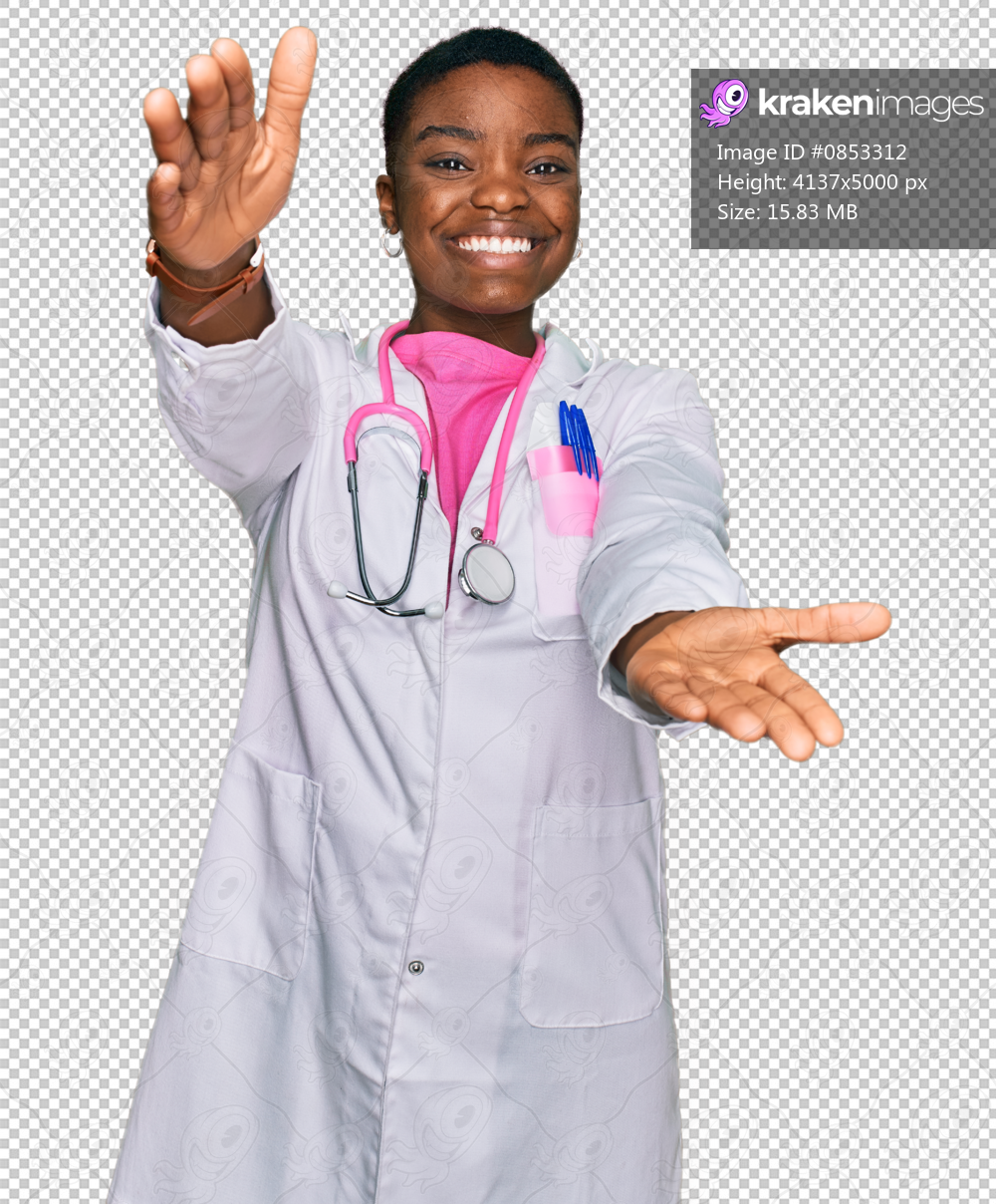 Young african american woman wearing doctor uniform and stethoscope looking at the camera smiling with open arms for hug. cheerful expression embracing happiness.