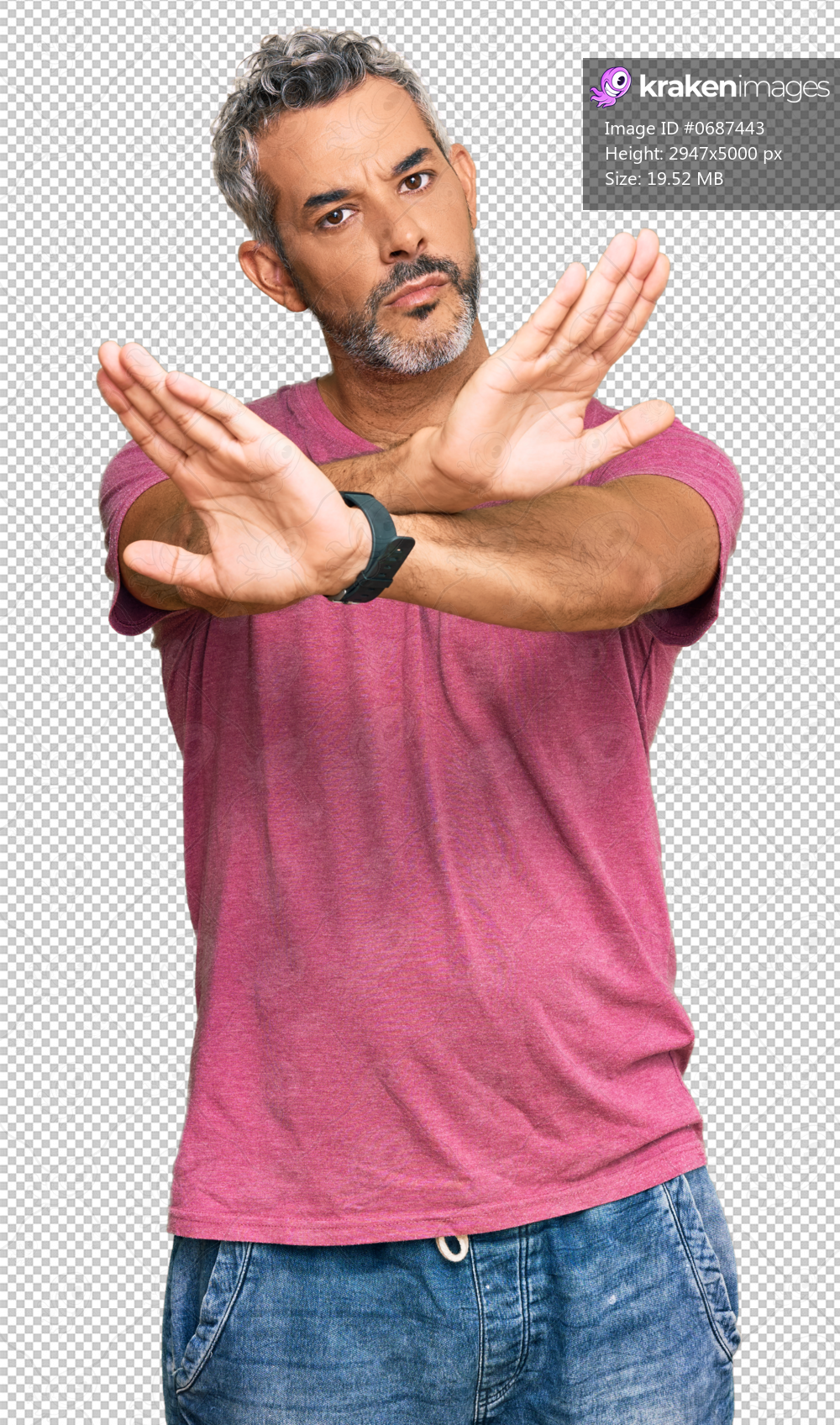 Middle age grey-haired man wearing casual clothes rejection expression crossing arms and palms doing negative sign, angry face