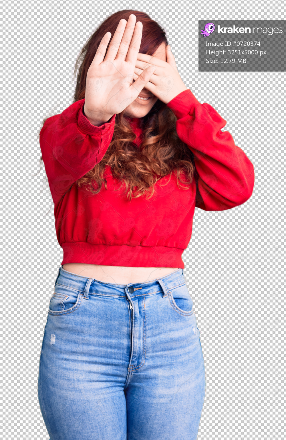 Young beautiful woman wearing casual winter sweater covering eyes with hands and doing stop gesture with sad and fear expression. embarrassed and negative concept.